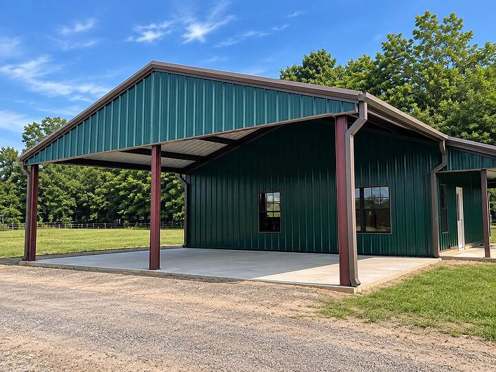 Green metal building with brown trim and a tall covered porch on a concrete slab